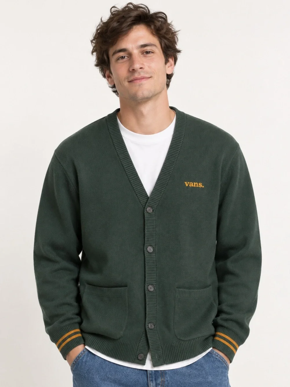 Vans Cotton Knit Cardigan Large Forest Green V-Neck Button Front Relaxed Fit